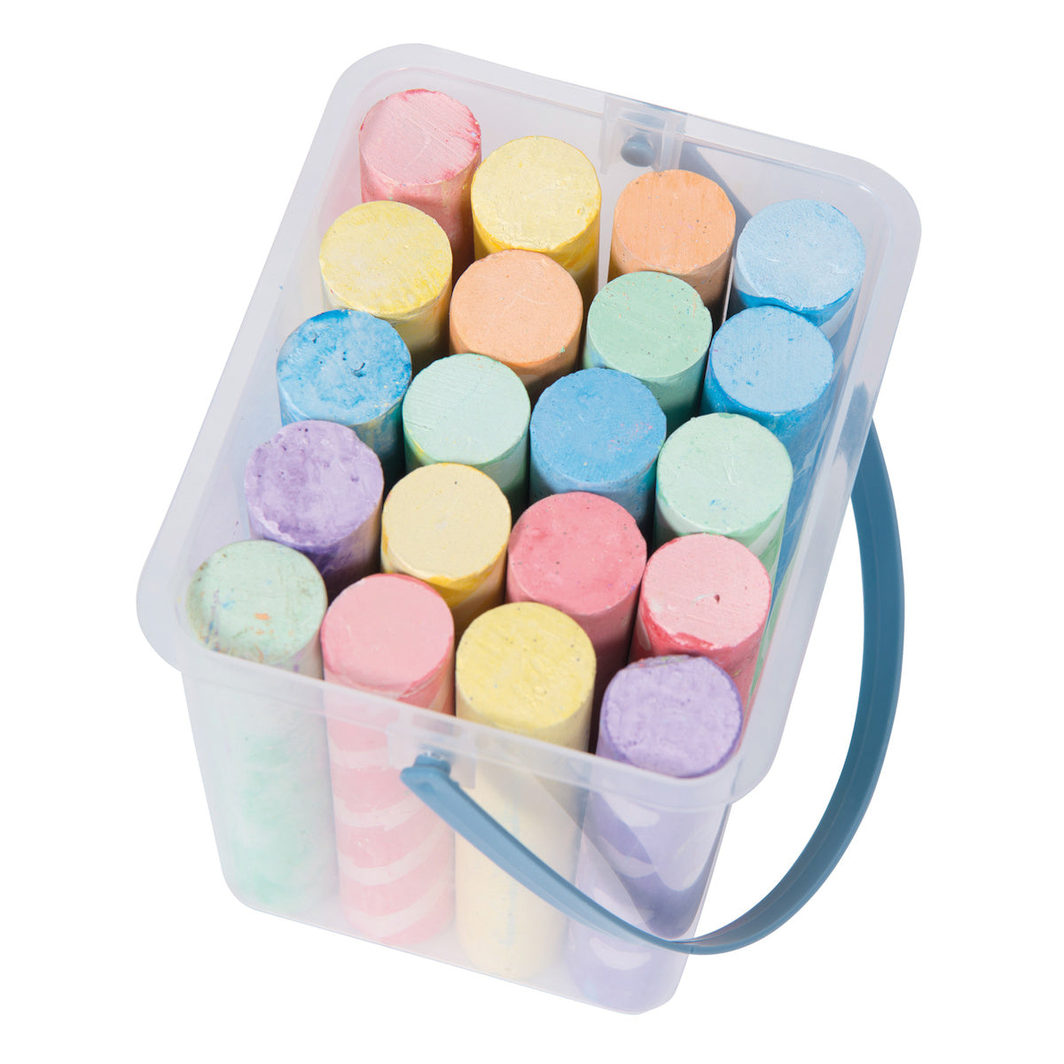 A clear plastic container holds colorful cylindrical chalk sticks in pastel shades. The vibrant, cheerful collection suggests creativity and play.