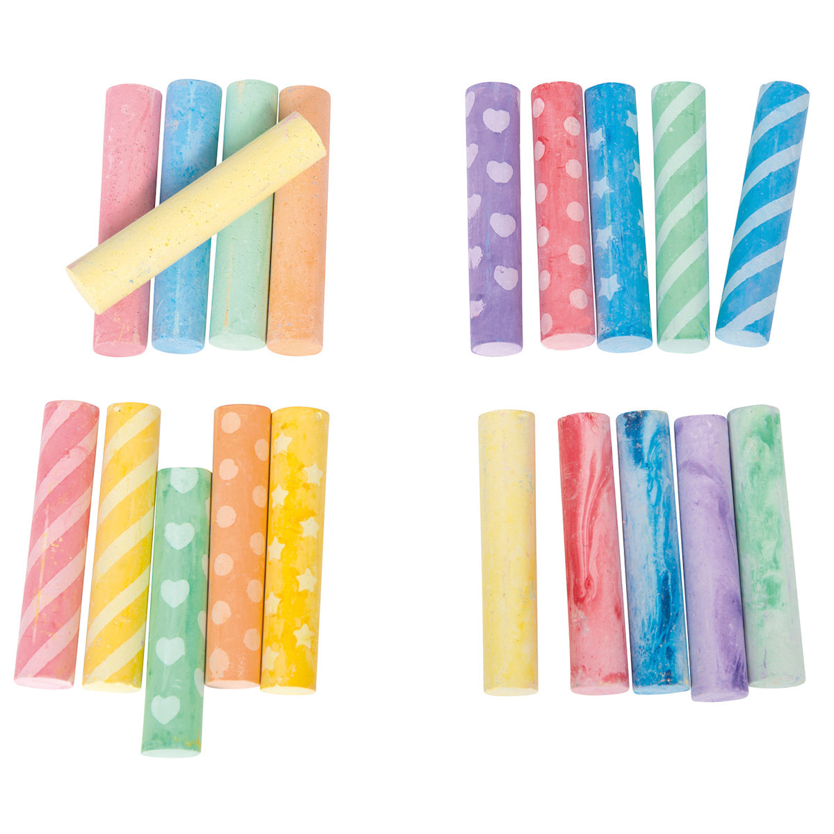Colorful chalk sticks with patterns such as hearts, polka dots, stripes, and stars arranged in four groups. The image conveys a playful and creative tone.