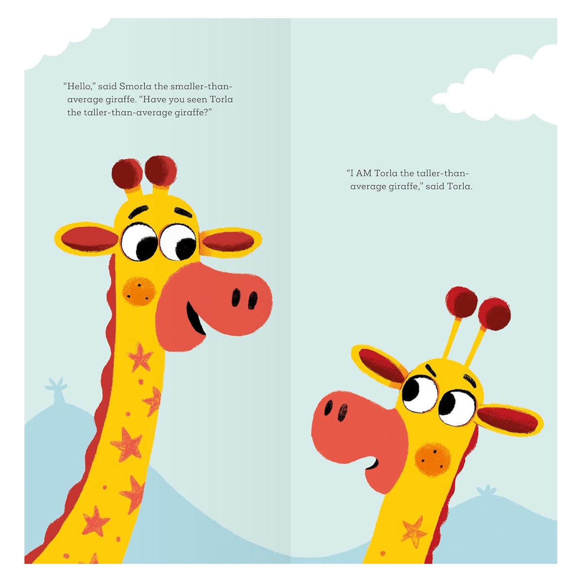 Two giraffes, Torla and Smorla, talking in a children's book illustration from "Torla and Smorla."