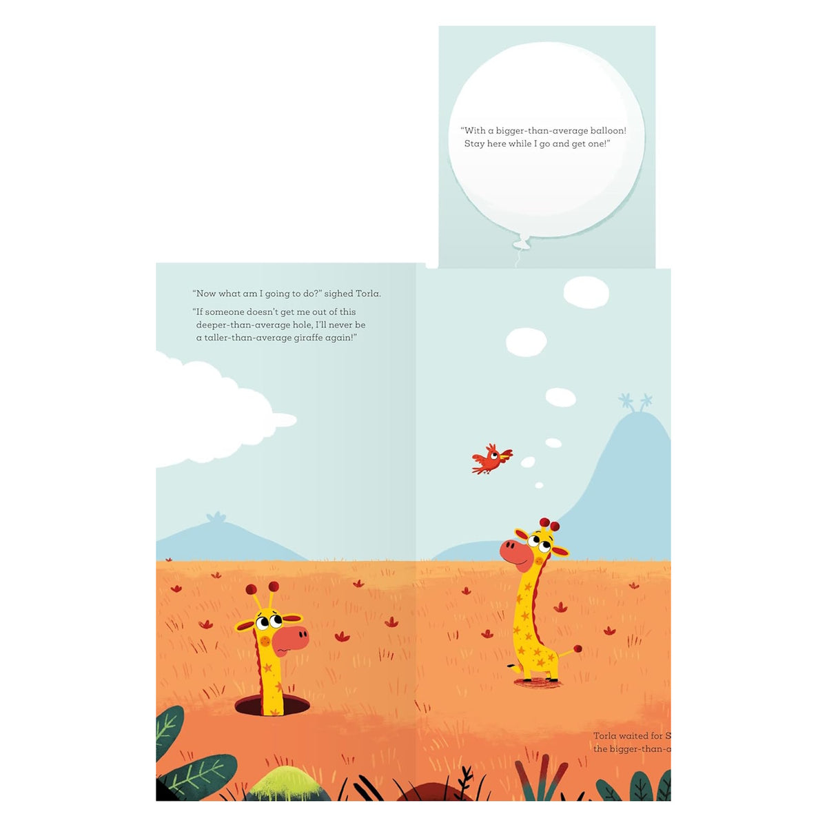 Children's book illustration of a giraffe in a hole with a bird and a thought bubble about a large white balloon.