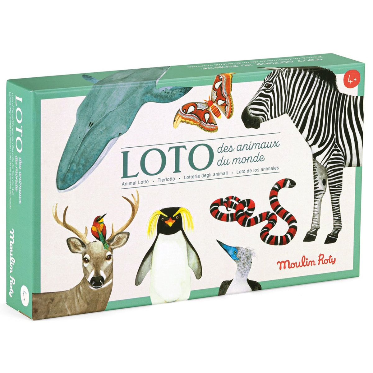 Moulin Roty Animal Lotto game box featuring colorful illustrations of a whale, zebra, penguin, and deer.