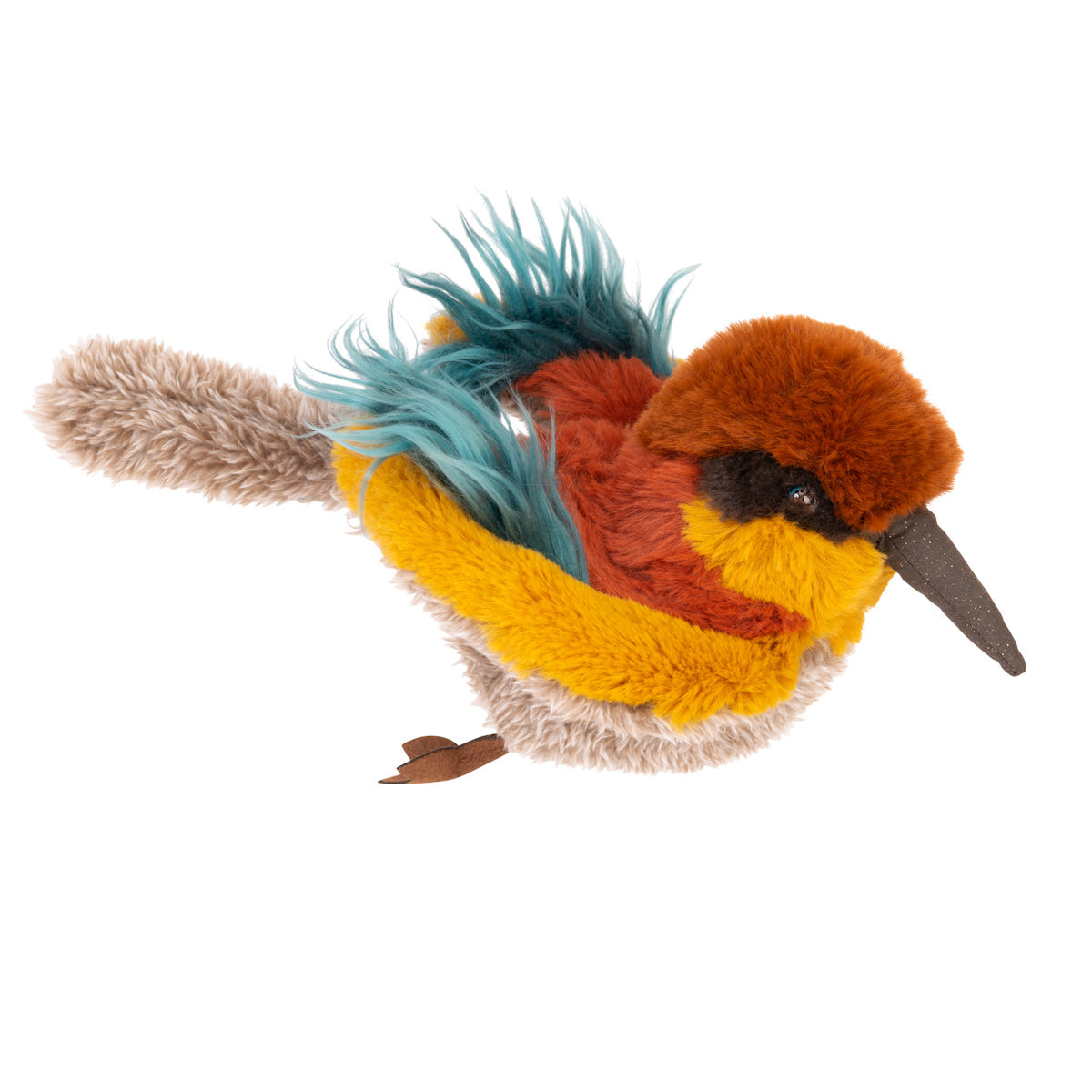 Plush Moulin Roty Tout Autour Du Monde bee eater bird toy with colorful feathers on white background.