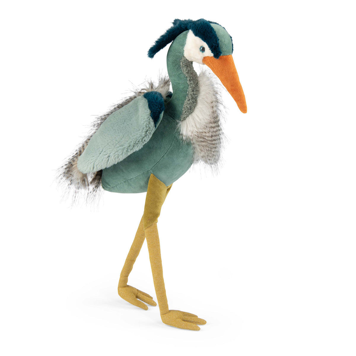 A plush toy resembling a heron with teal and grey feathers, an orange beak, and long yellow legs. It exudes a cute and whimsical charm.