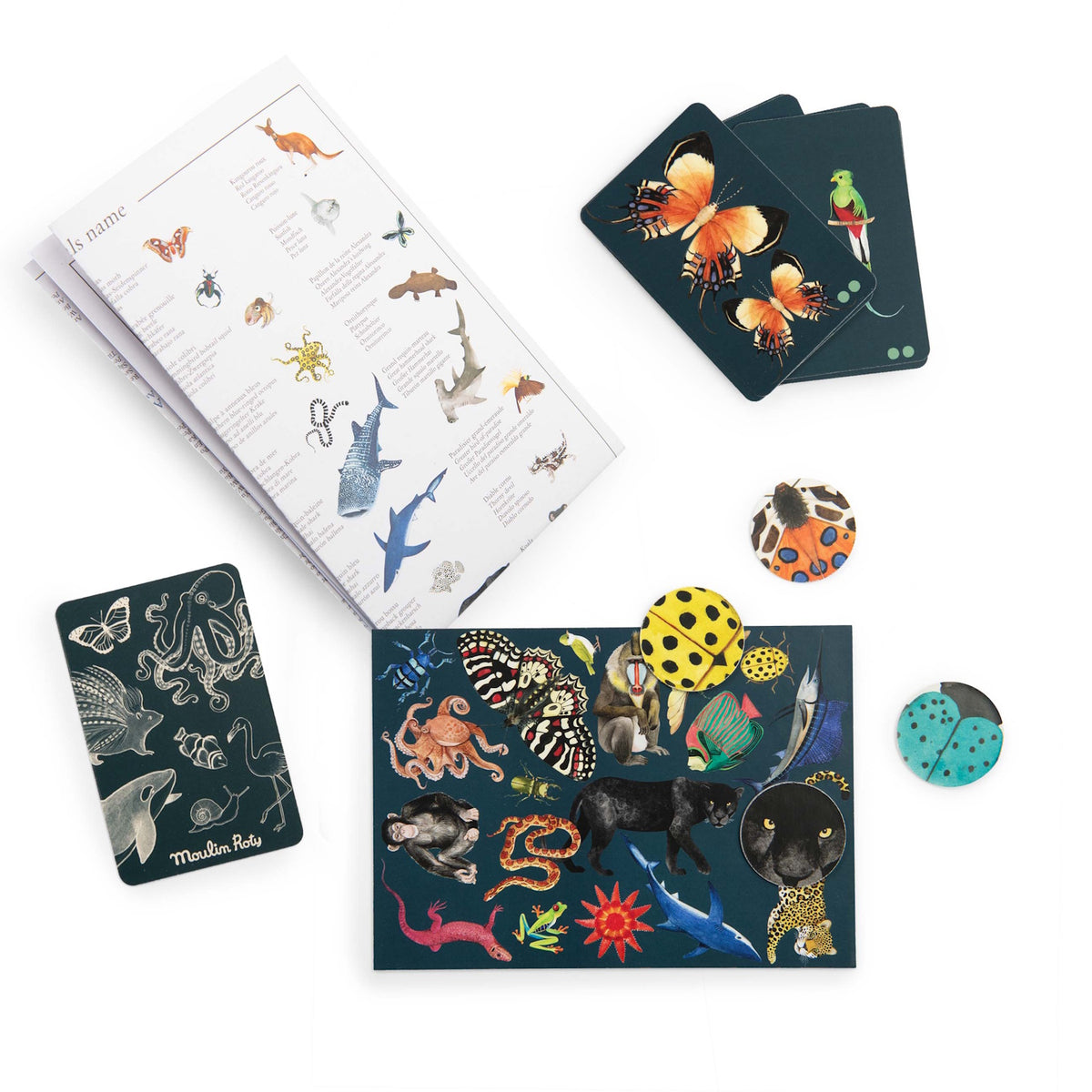Moulin Roty animal seek and find card game featuring illustrated animal cards, circular tokens, and an animal name guide.