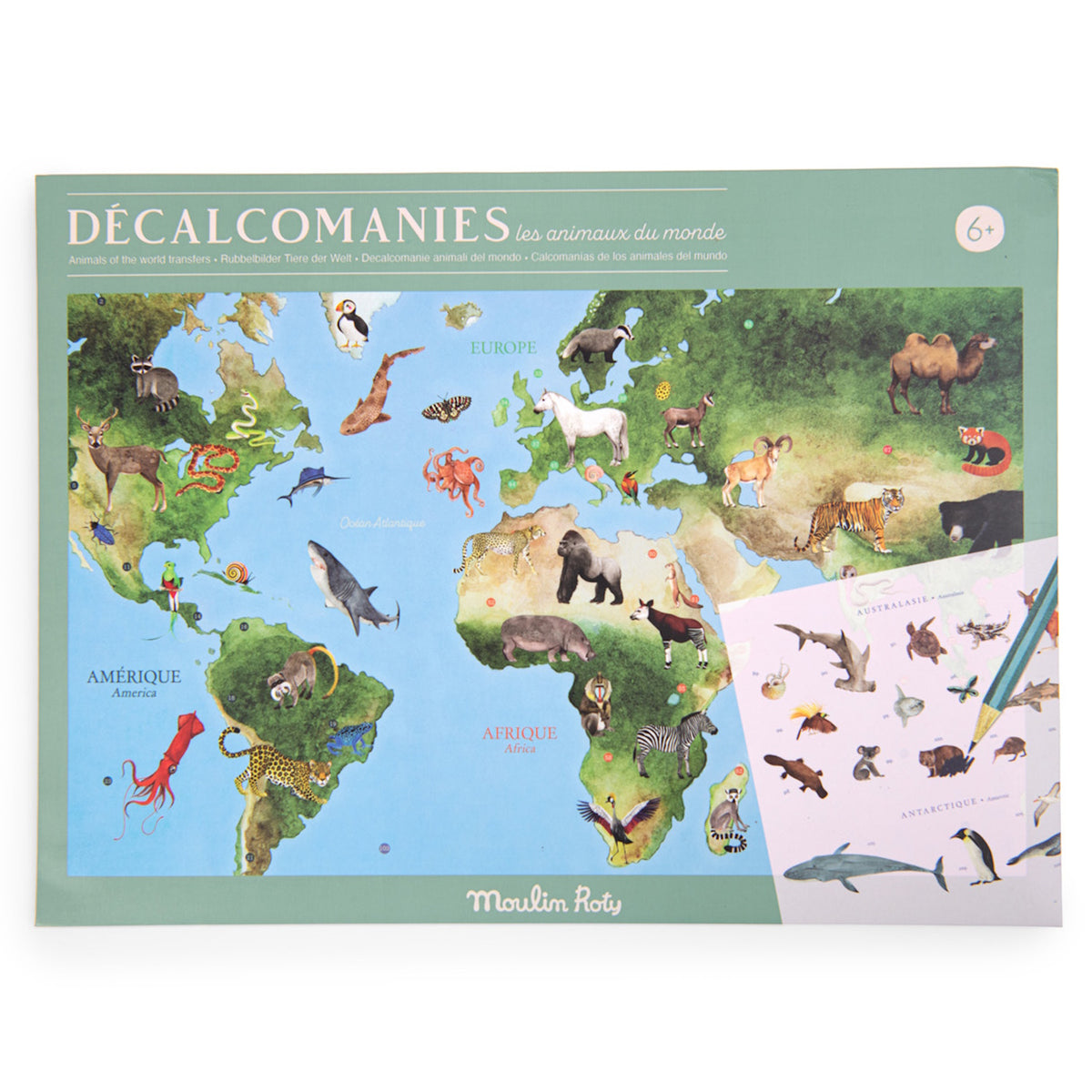 Moulin Roty world map animal transfers kit with colorful illustrations of global wildlife and a decal sheet.