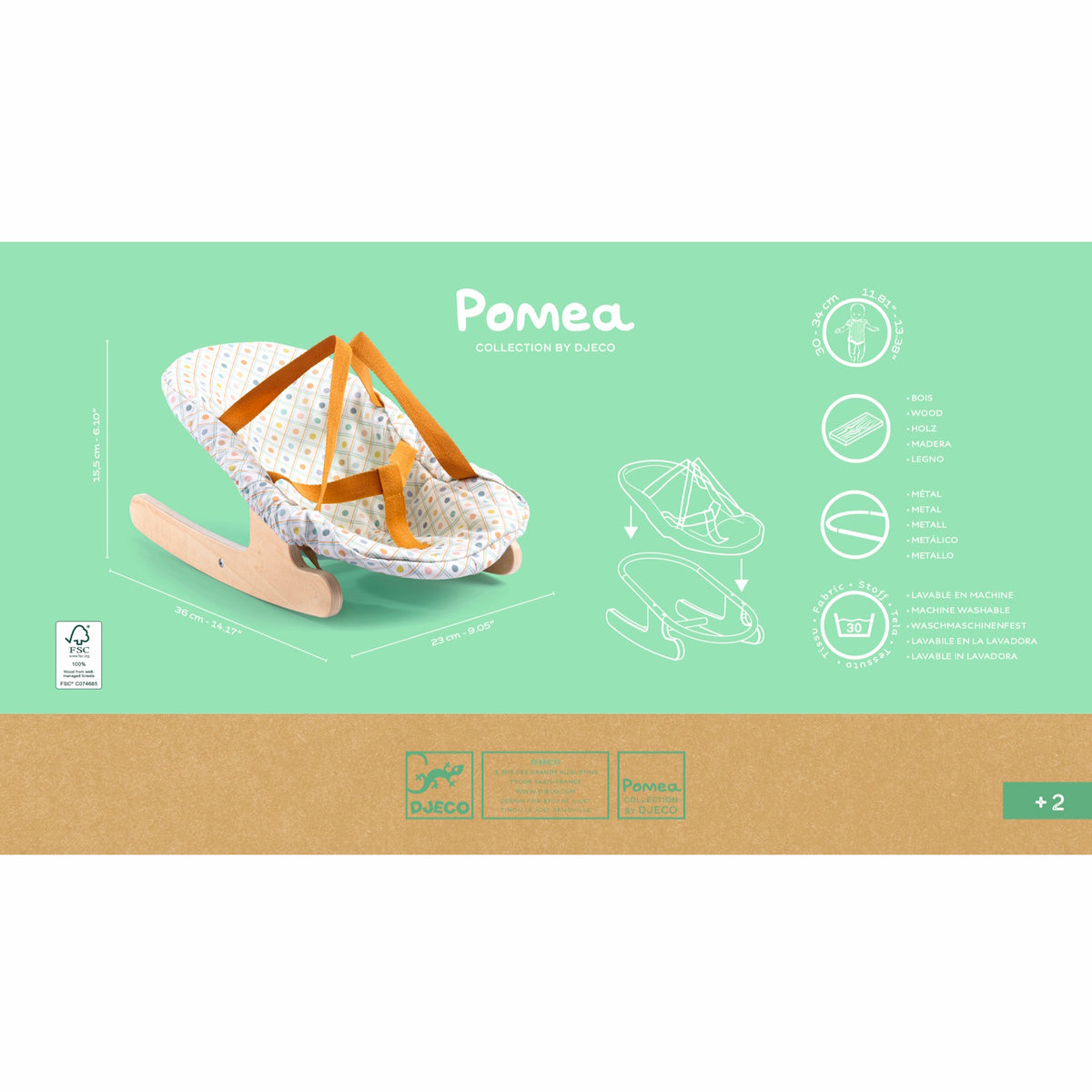 Djeco Pomea wooden doll bouncer with patterned fabric seat and orange straps for 30-34 cm dolls.