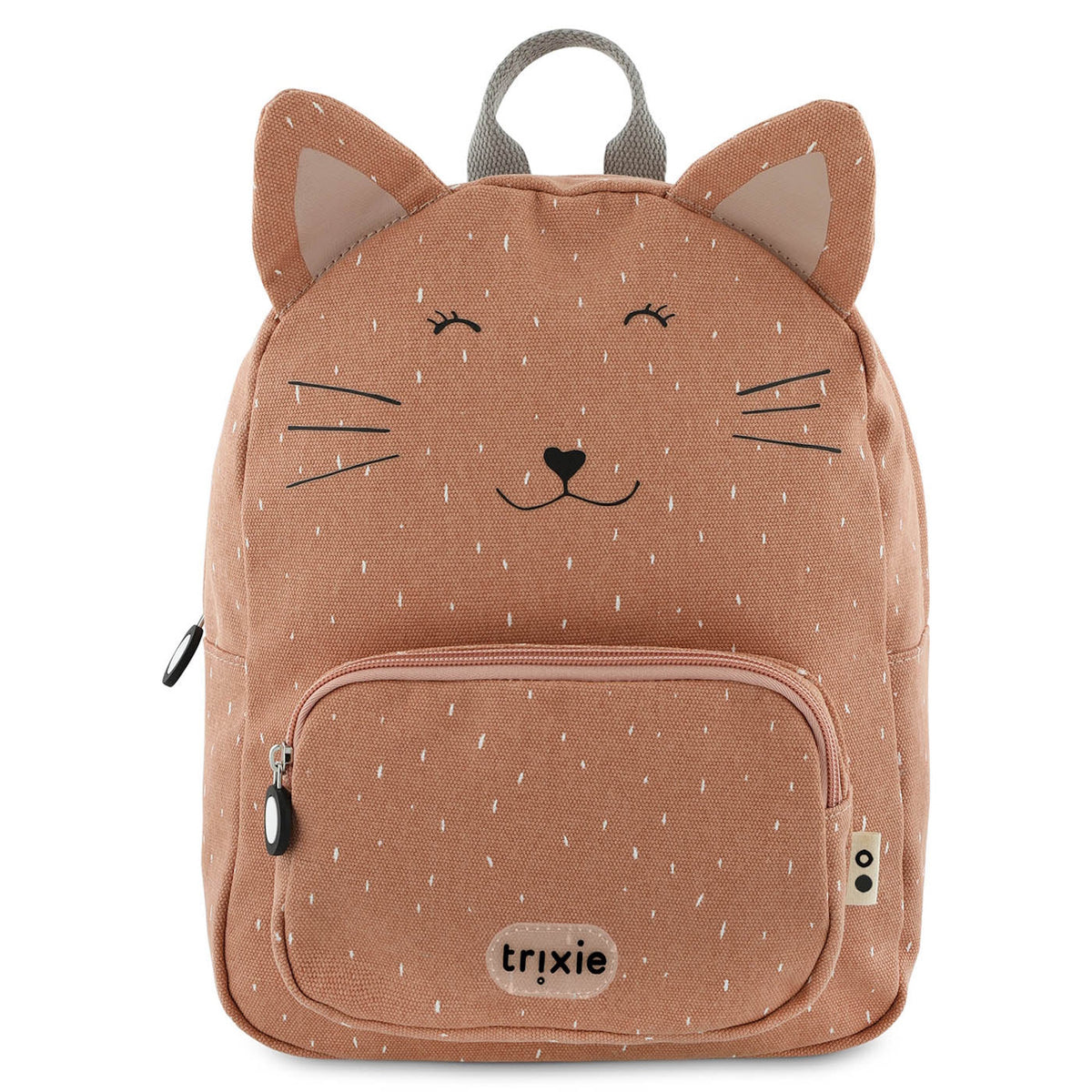 Pinkish-brown cat backpack with a speckled pattern, a smiling cat face, pointy ears, and a front pocket.