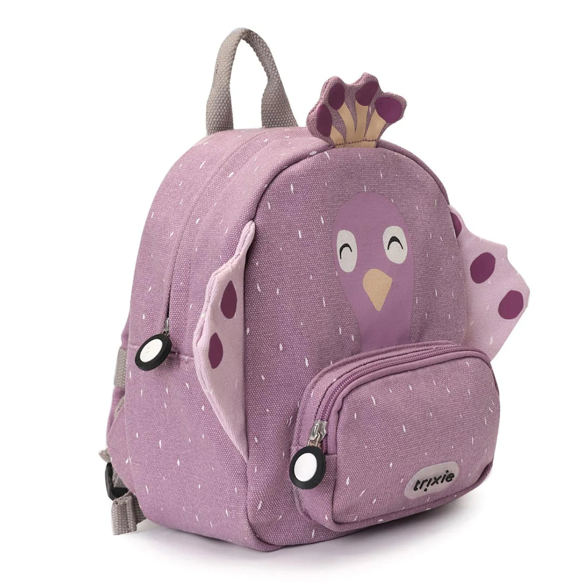 Purple kids' backpack shaped like a peacock with a stylized face print, white specks, and fabric wings.