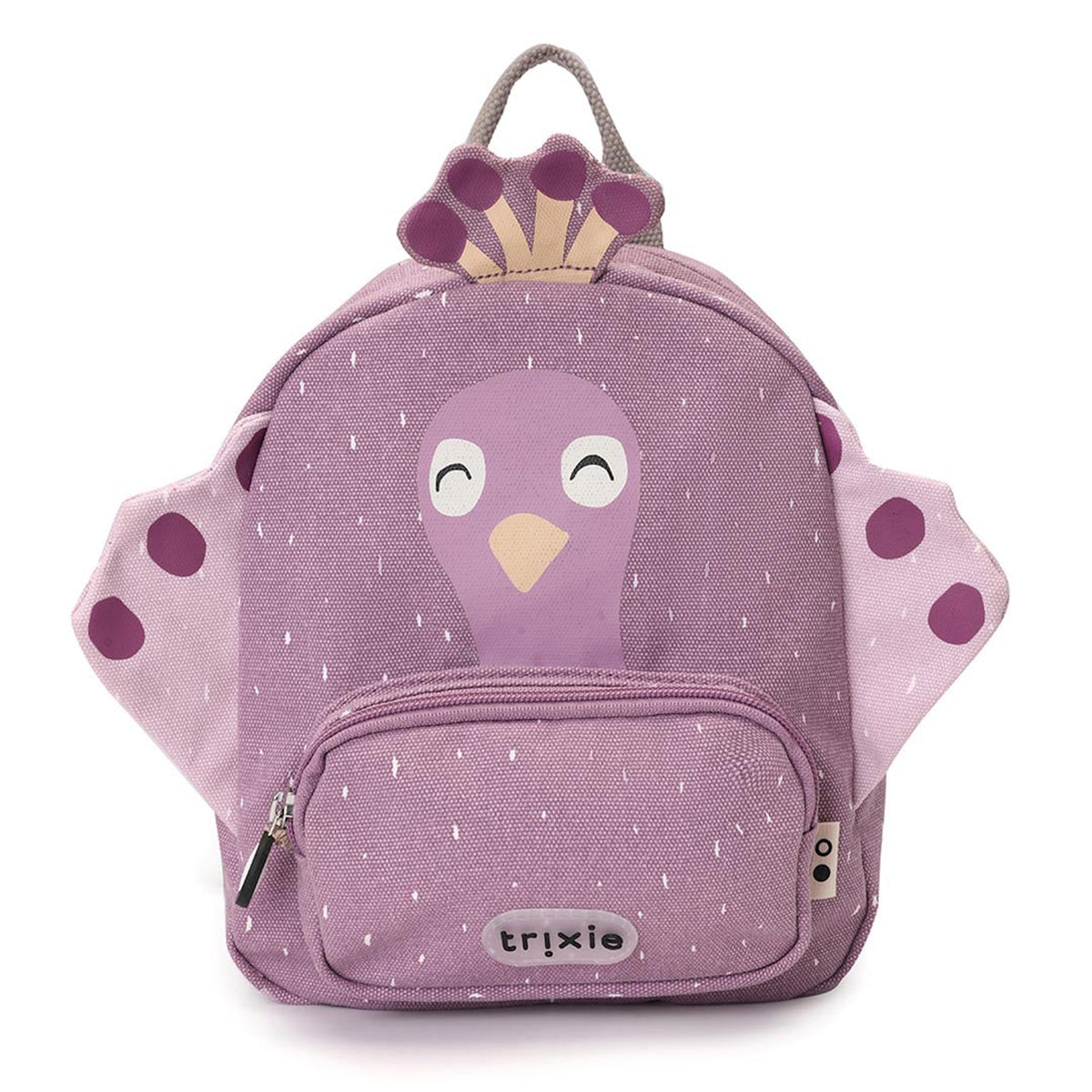 Purple peacock backpack with a speckled pattern, a smiling peacock face, wings, a crest, and a front pocket.
