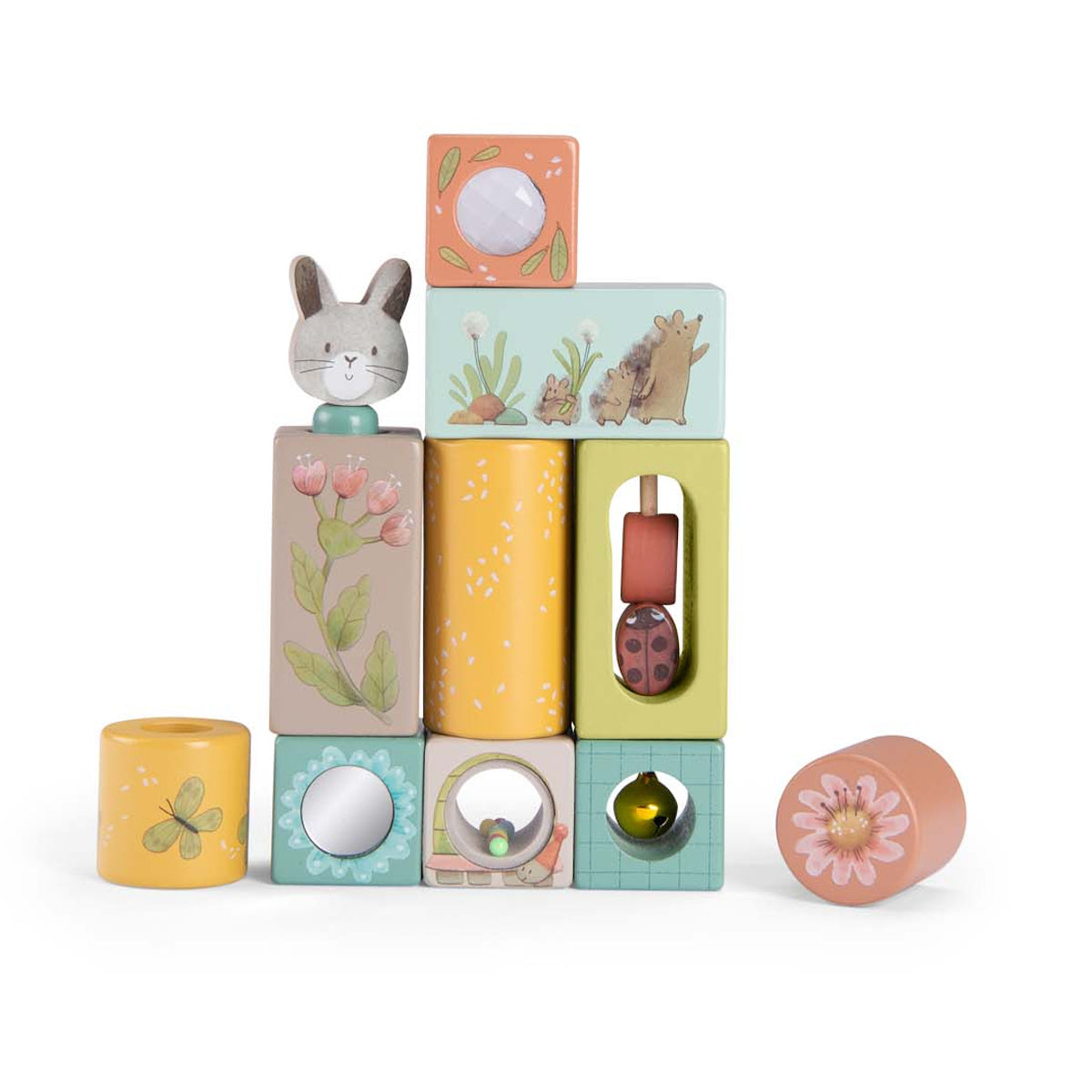 Trois Petits Lapins wooden stacking activity blocks with rabbit and nature illustrations.