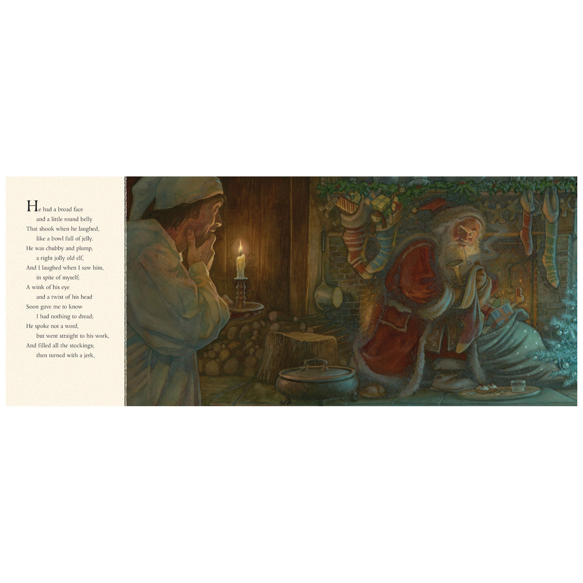 Santa Claus fills stockings by a fireplace while a man in a nightcap watches from the shadows of a cozy room.