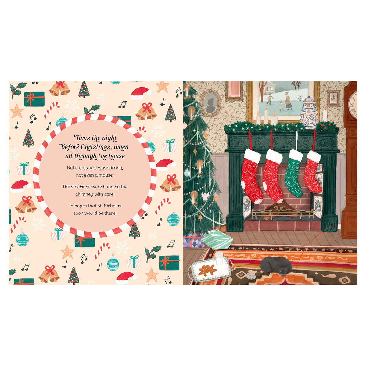 Illustrated Christmas scene showing four stockings hanging on a green mantel beside a decorated tree. Cozy room with gifts and a sleeping cat.