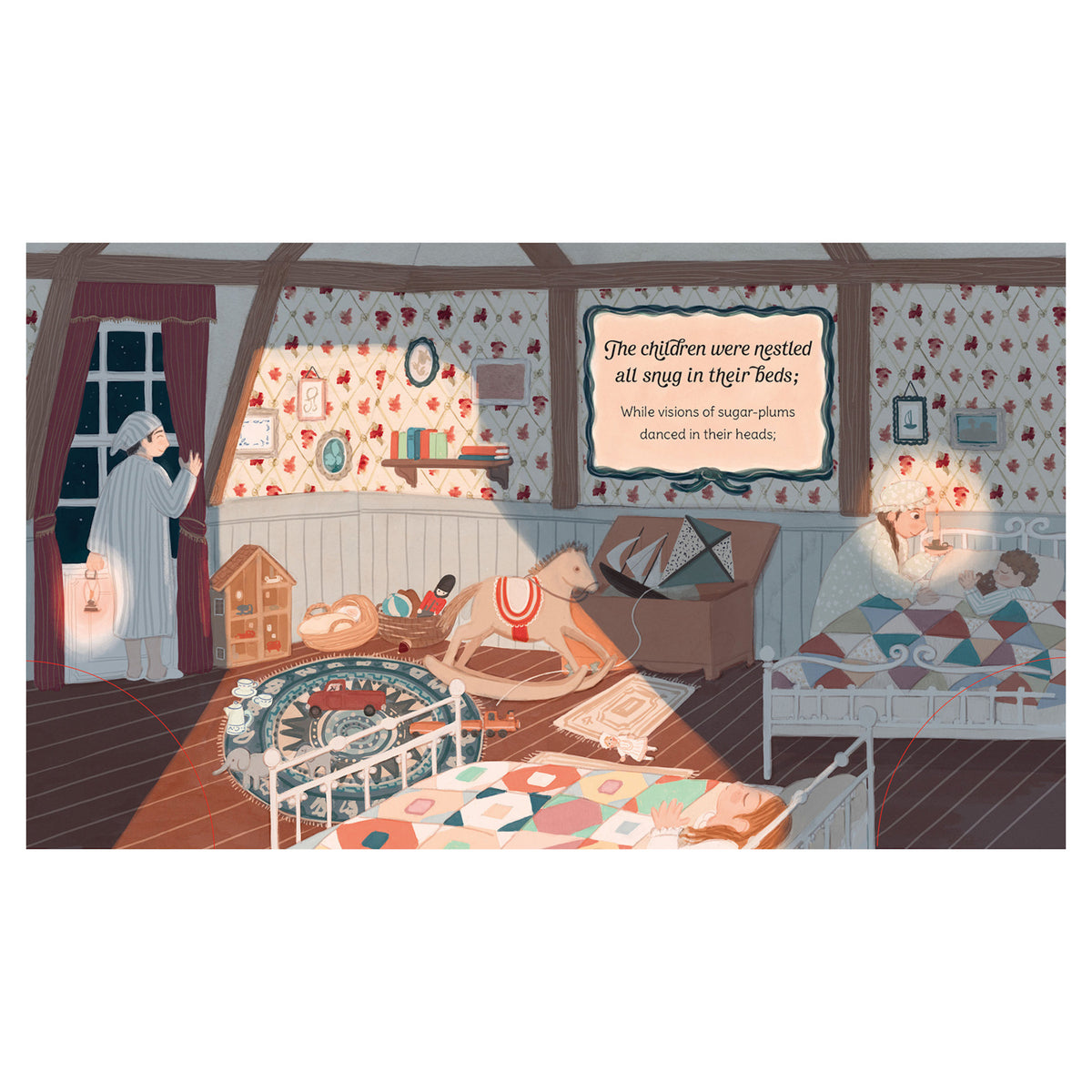A cozy bedroom with two children sleeping in beds, a rocking horse, and toys scattered. A person in pajamas looks outside, creating a calm, festive atmosphere.