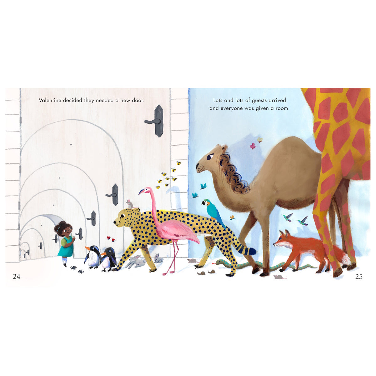 Illustration of animals of all sizes entering a guest house with nested doors for a giraffe, camel, cheetah, and mouse.