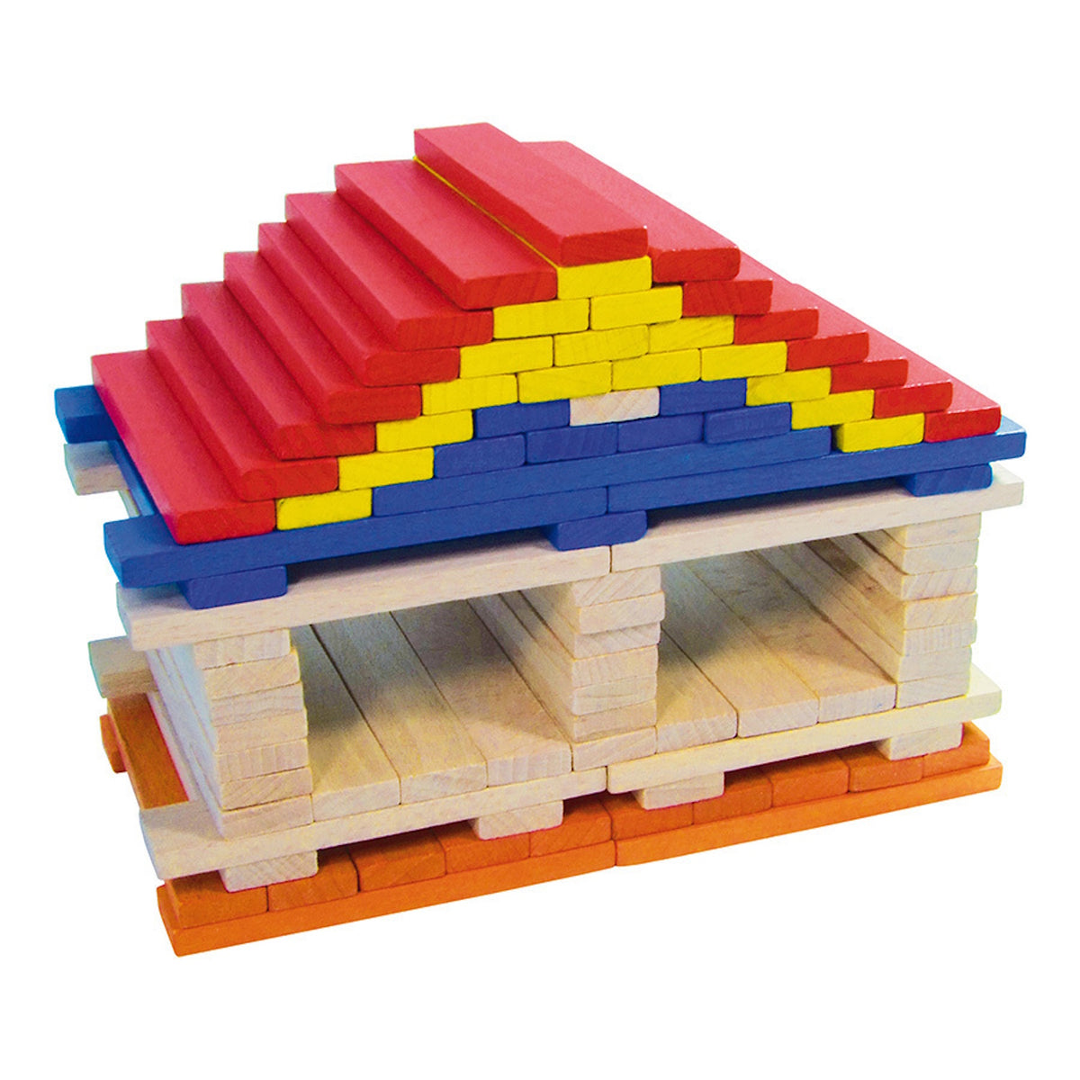 Vilac Batibloc wooden house building set with colorful red, yellow, blue, and orange wooden block pieces.