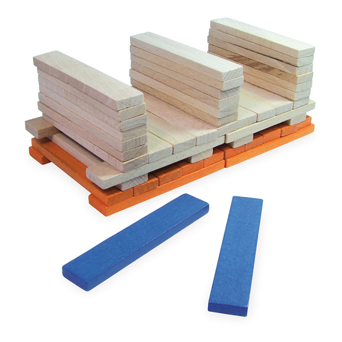 Vilac Batibloc natural wooden construction planks built into a structure on an orange base with blue pieces.