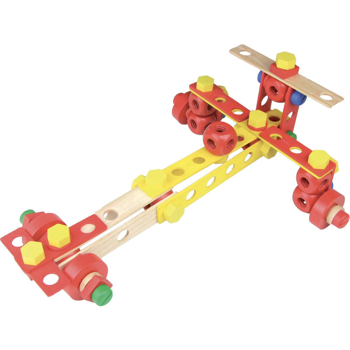 Wooden toy airplane construction set built with colorful blocks, yellow screws, and red wheels on a white background.