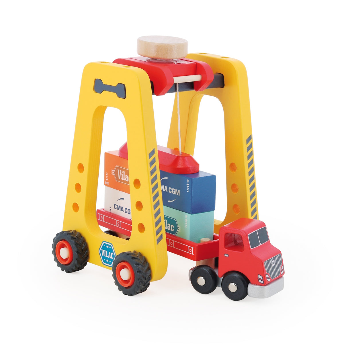 Vilac wooden gantry crane loading colorful toy shipping containers onto a red semi truck, white background.