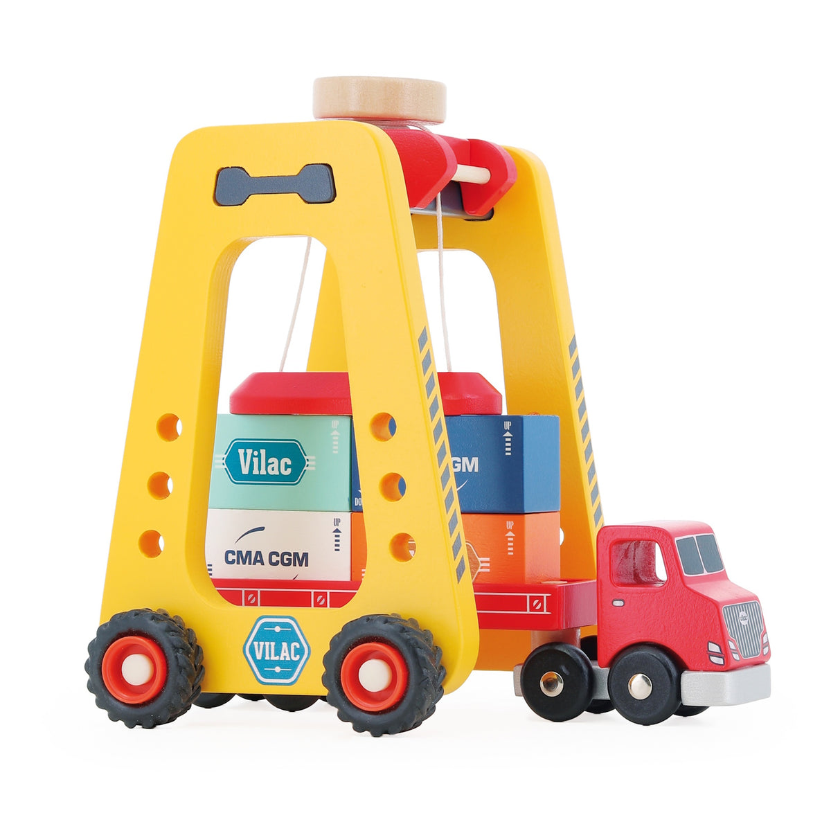 Vilac wooden container crane toy hoisting colorful cargo blocks onto a red toy semi truck trailer.