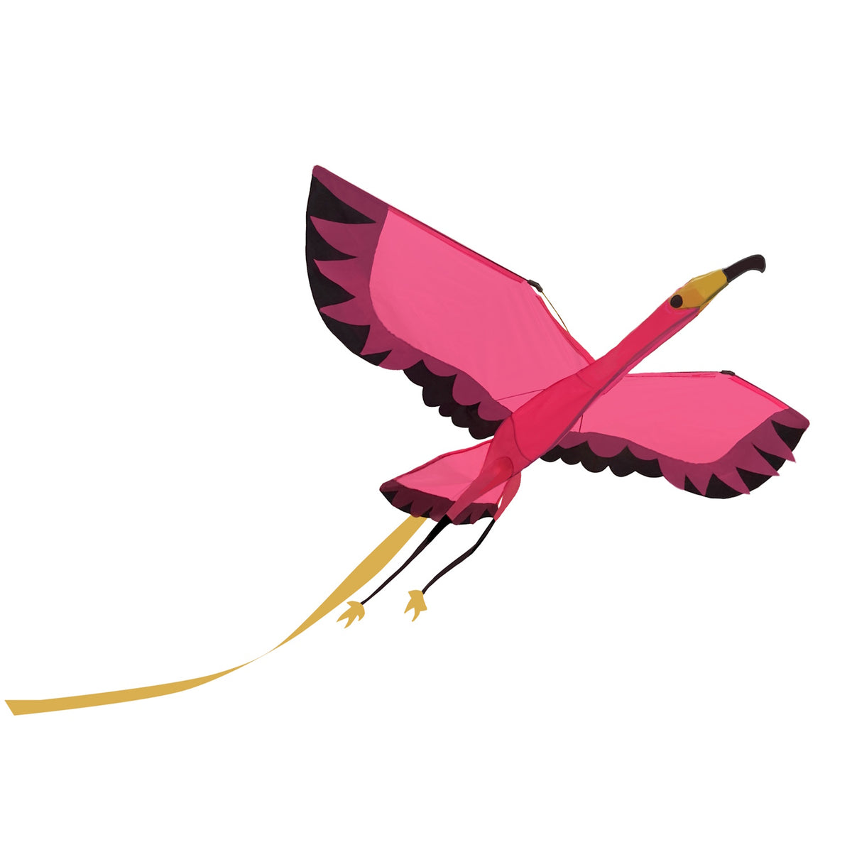 Vibrant pink flamingo kite flying with outstretched wings and a yellow tail streamer.