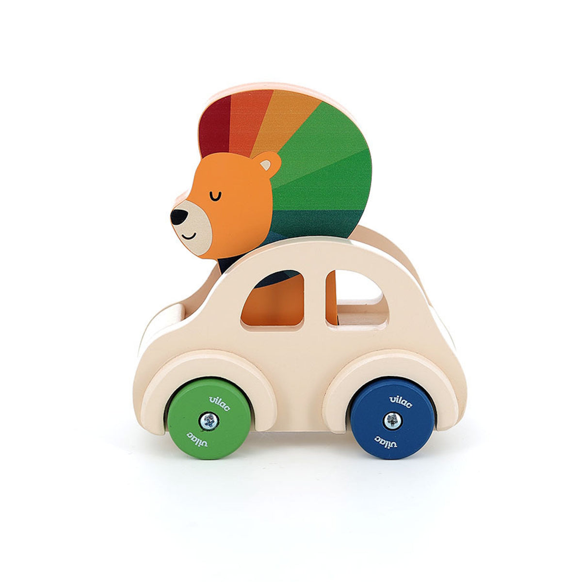 Vilac wooden toy car featuring a colorful rainbow lion driver with green and blue wheels on a white background.