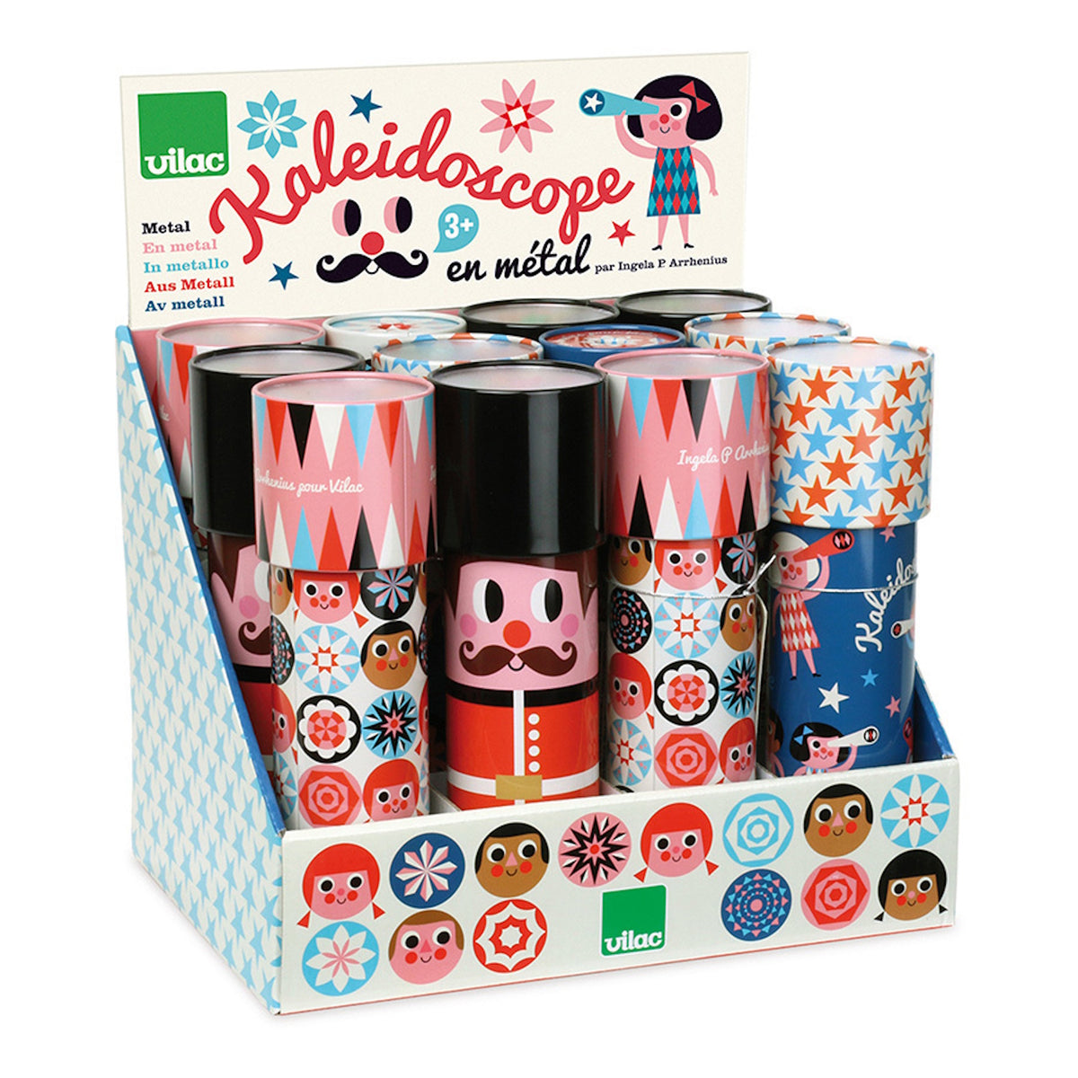 Retail display box filled with various Vilac metal kaleidoscope toys shown in a front view.