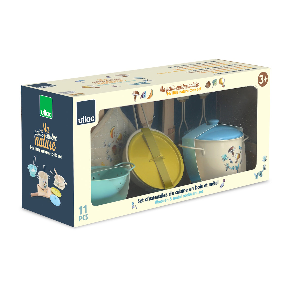 Vilac My Little Nature cook set packaging showing the 11-piece wooden and metal play cookware toy.
