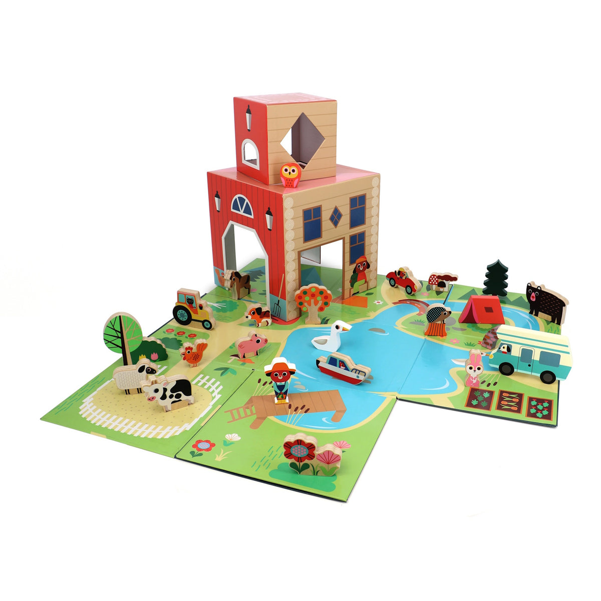 Colorful wooden farm toy set with animals, barn, and playmat.