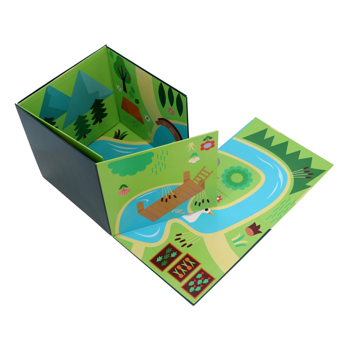 Vilac pop-up play box unfolding into a colorful illustrated farm and countryside play mat scene.