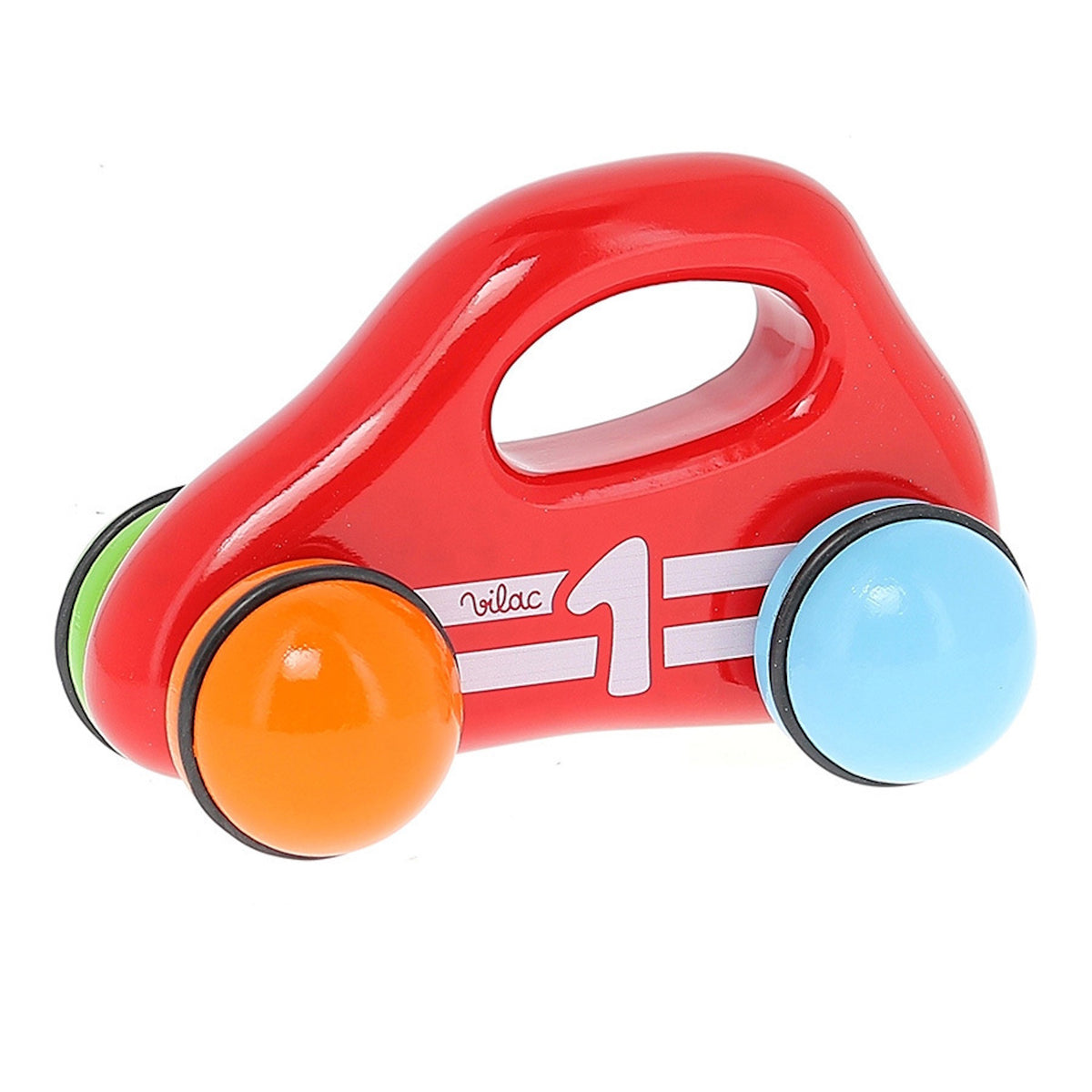 Vilac red wooden baby car toy with a built-in handle, number one graphic, and colorful wheels.