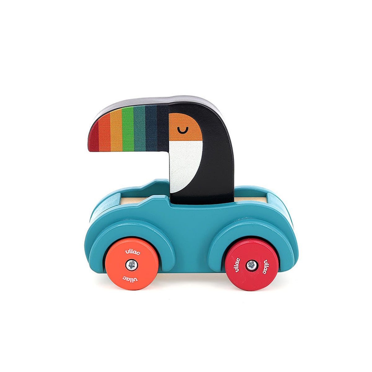 Vilac wooden toucan beep car toy with a blue body, rainbow beak, and red wheels on a white background.