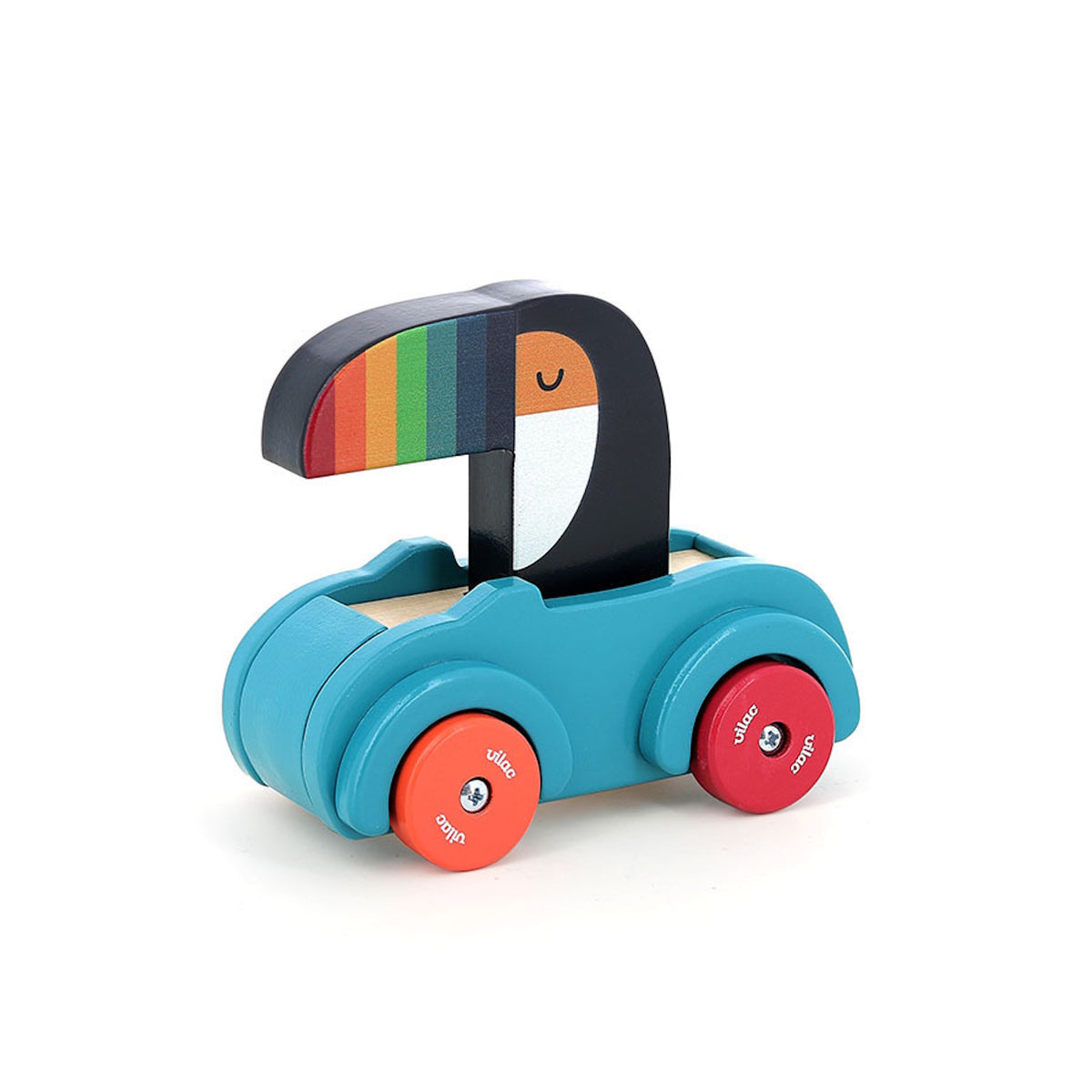 Vilac wooden toucan beep car toy with a colorful rainbow beak and blue body on white background.