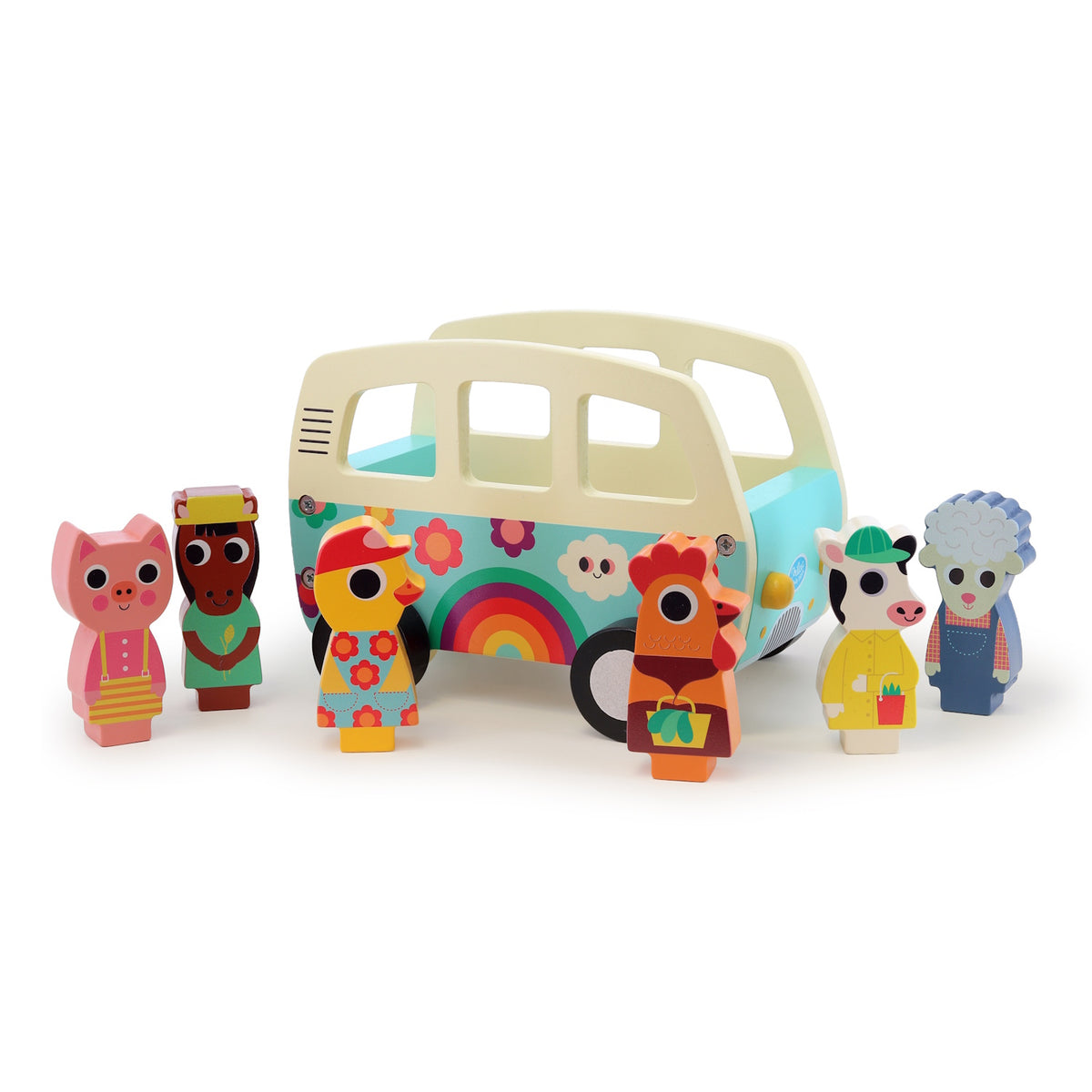 Wooden camper van toy set with colorful farm animal figurines including a cow, pig, and sheep.