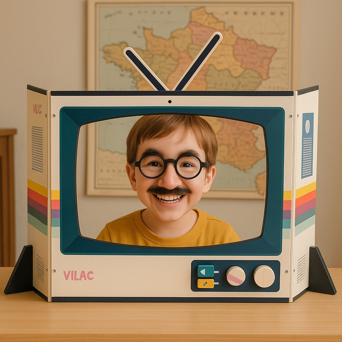 Smiling child wearing funny disguise glasses inside a Vilac vintage wooden pretend play toy TV.