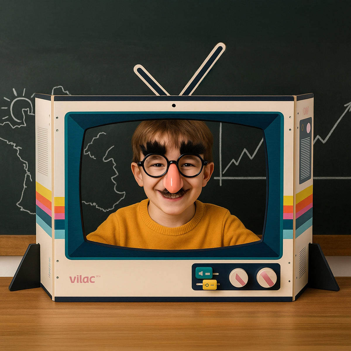 Young boy wearing Groucho Marx glasses looking through a Vilac vintage toy television frame.