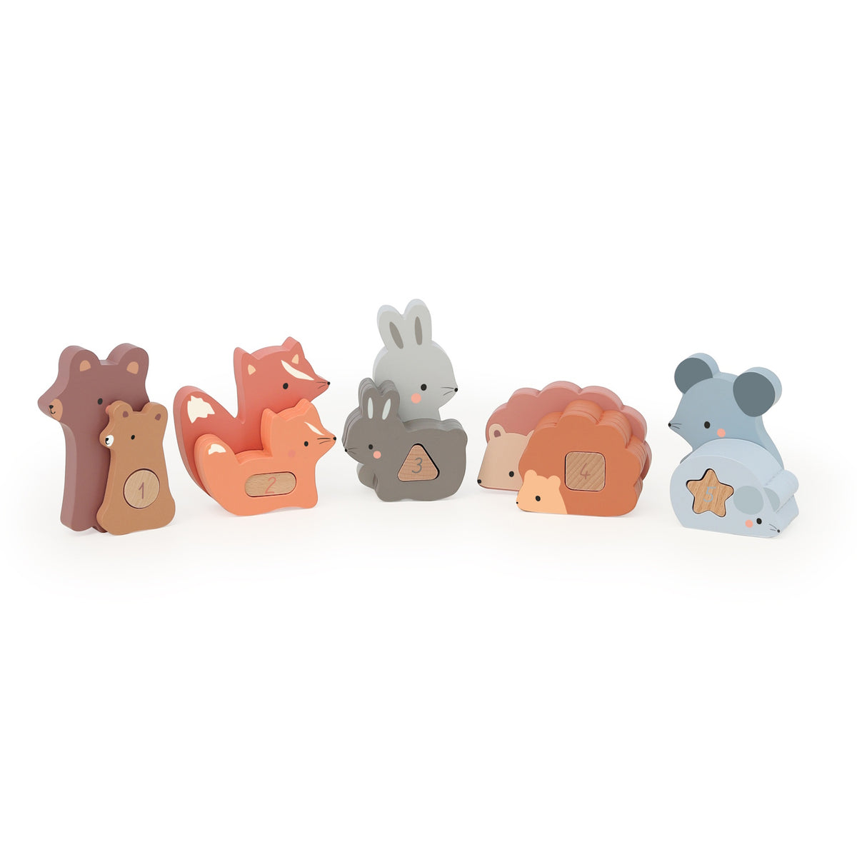 Vilac wooden forest animal stacking toy set with numbered counting blocks for toddlers on white background.