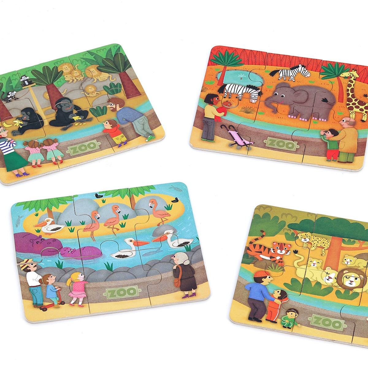 Four zoo animal jigsaw puzzles for kids featuring elephants, lions, tigers, and flamingos on a white background.
