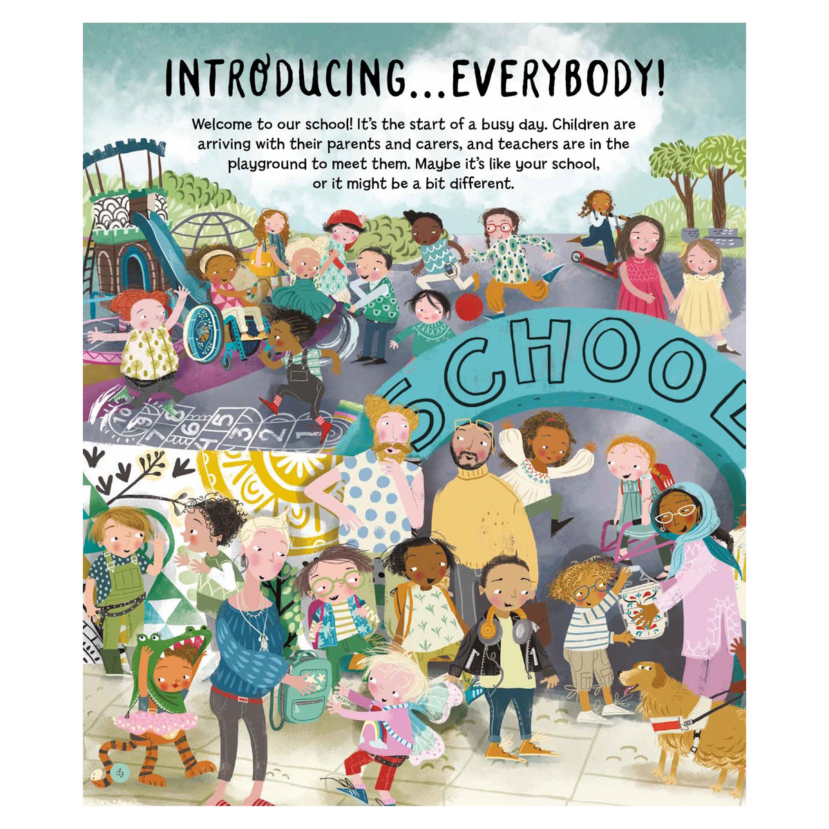 Illustrated children's book page showing a diverse group of families and students arriving at a colorful school playground.