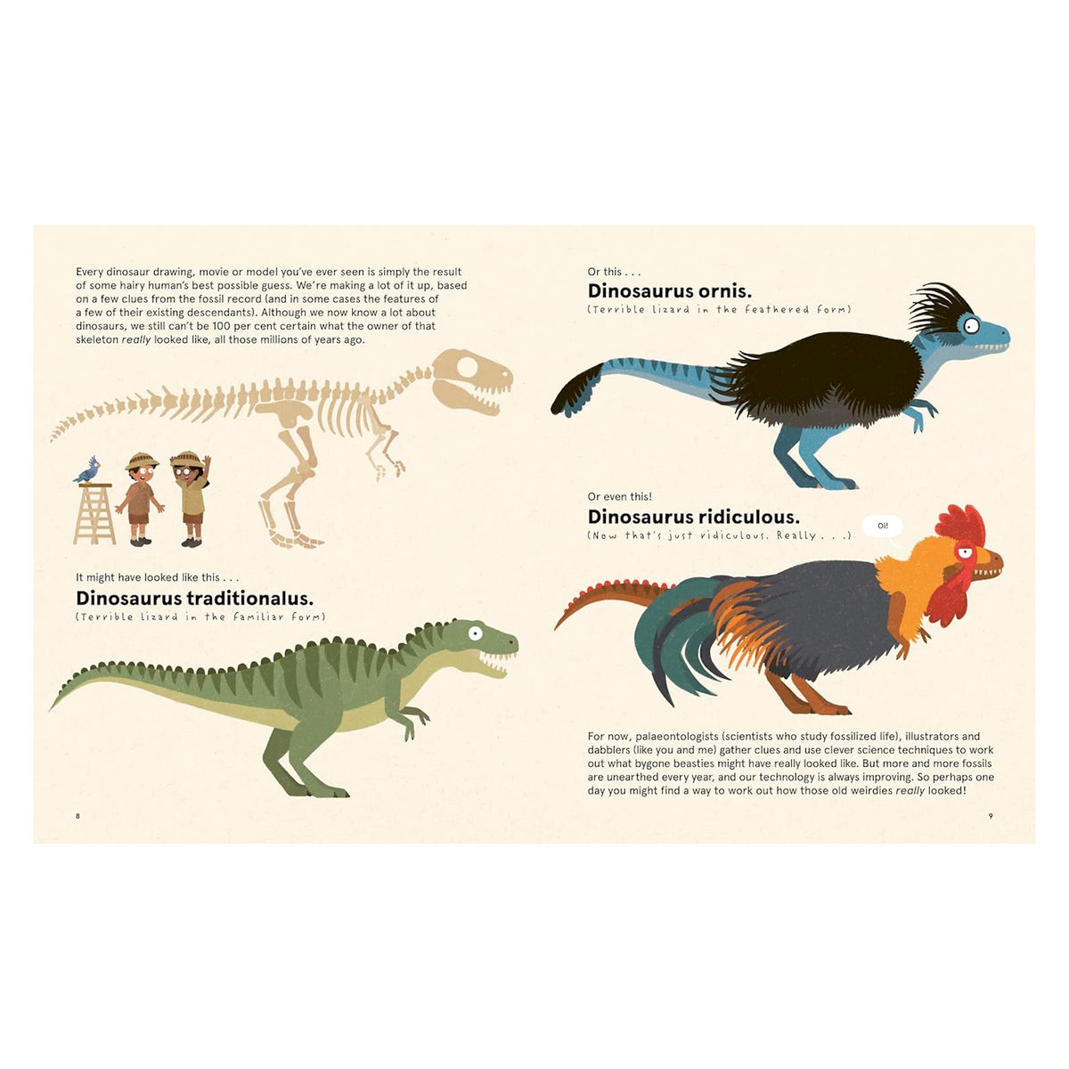 Childrens book page showing dinosaur interpretations from a fossil skeleton to feathered and rooster shapes.