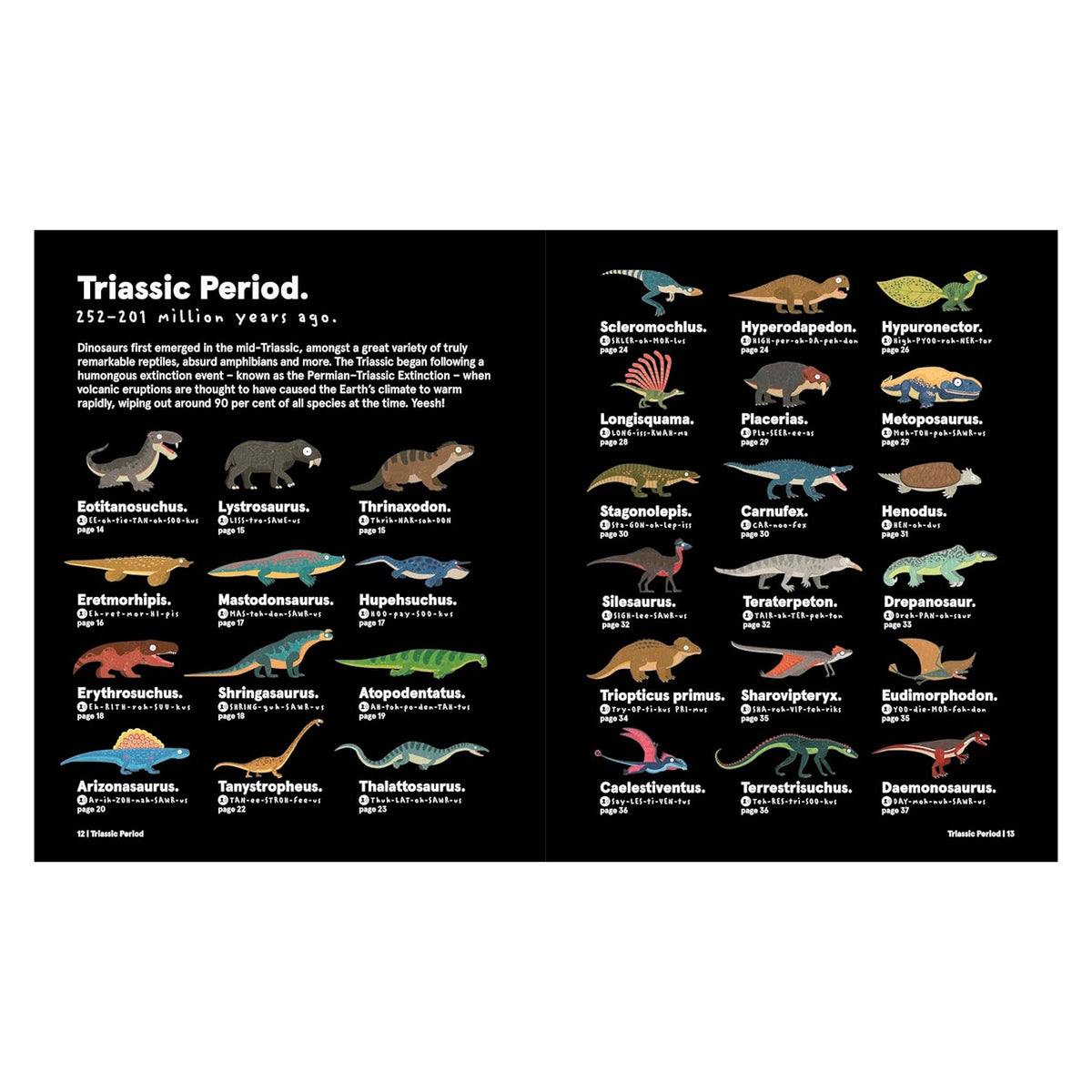 Triassic Period book page featuring illustrations, names, and phonetic guides of prehistoric reptiles.