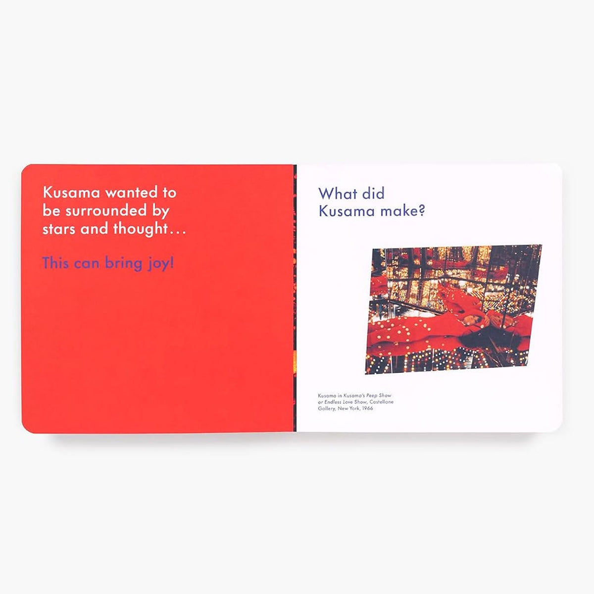 Book spread with text about wanting stars and a photo of Kusama inside a mirrored, lit installation.