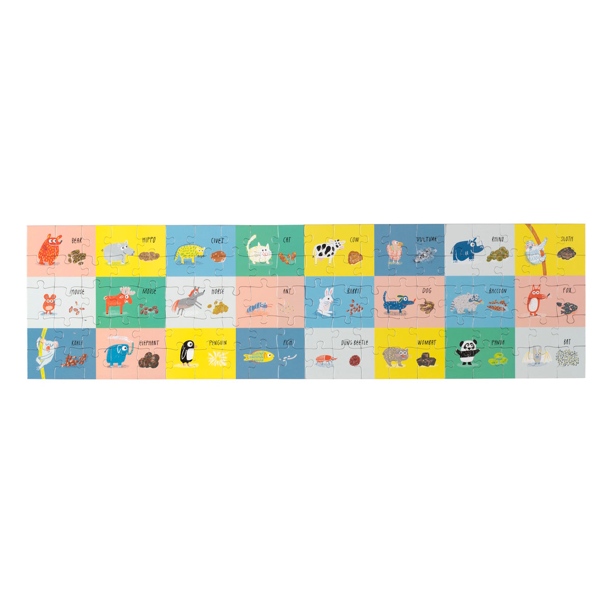 Colorful children's animal jigsaw puzzle featuring various illustrated animals and their names on a rectangular grid.