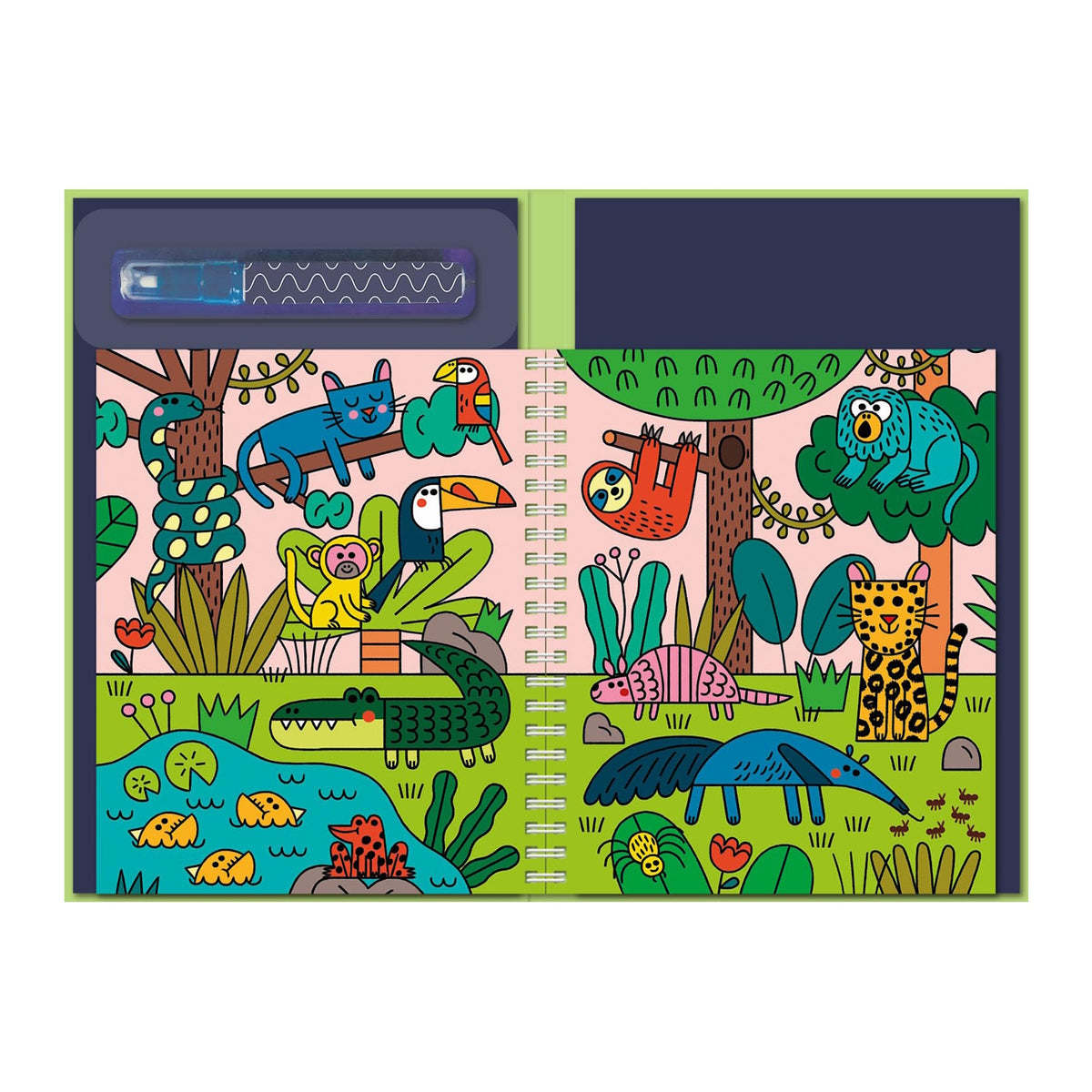 Colorful jungle illustration on a spiral notebook, featuring various animals like a sloth, toucan, and jaguar amidst lush greenery. Playful and vibrant.