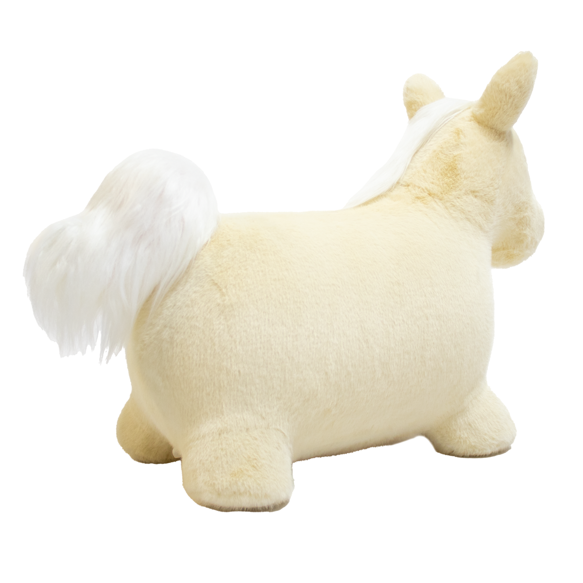 Rear view of a white plush bouncy unicorn toy for kids featuring a fluffy tail on white background.