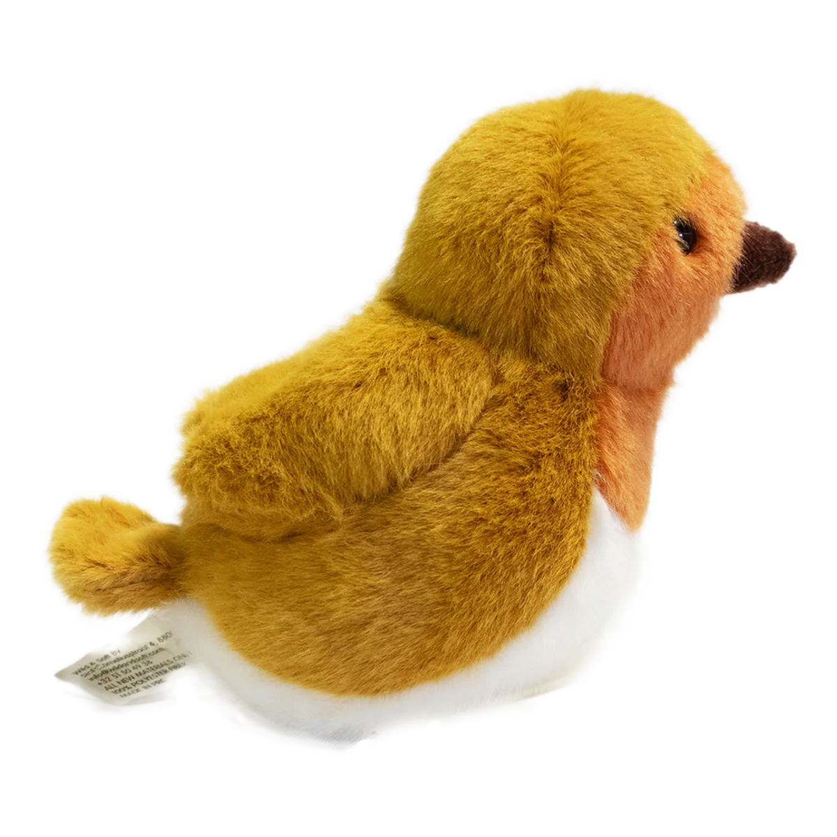 A plush toy resembling a bird with fluffy brown and orange feathers, black beady eyes, and a small brown beak, set against a solid white background.