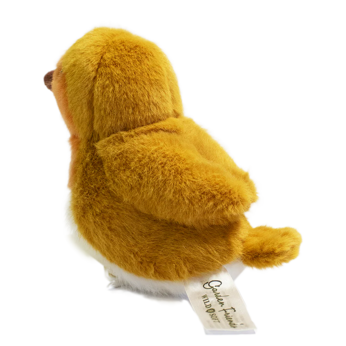 A plush toy resembling a bird with fluffy brown and orange feathers, black beady eyes, and a small brown beak, set against a solid white background.