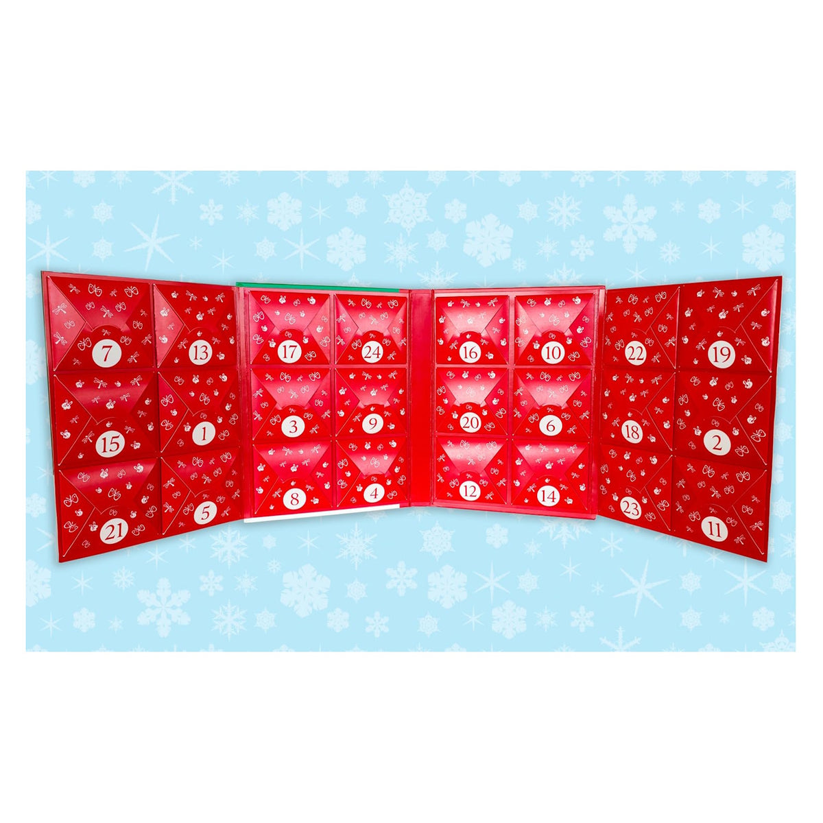 Flat lay view of open red Winnie-the-Pooh advent calendar showing numbered compartments.