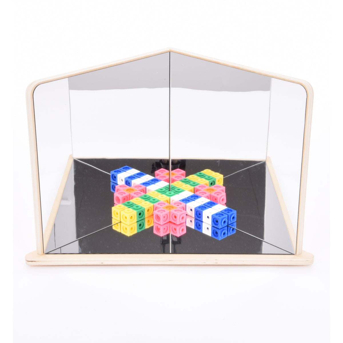 A wooden-framed mirror with four reflective panels arranged to create kaleidoscopic visual effects, ideal for sensory exploration and light play.
