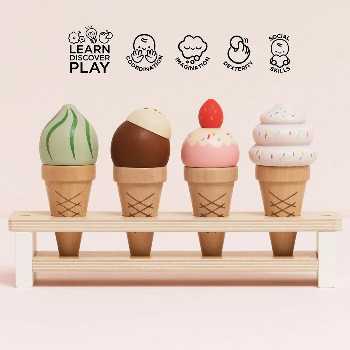 Four wooden ice cream toy cones on a stand, with icons above promoting play skills.
