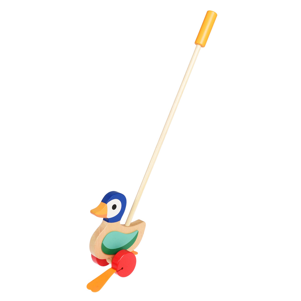 Colorful wooden pull-along duck toy with a stick handle, featuring a blue head, orange beak, and vibrant body parts.